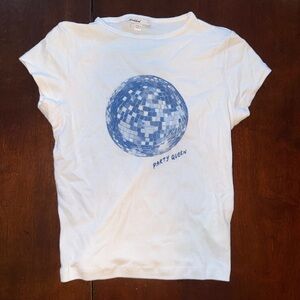 White Baby Tee with Blue Disco Ball